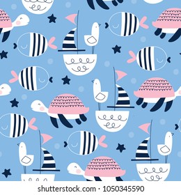 seamless sailing ships turtle seagull pattern vector illustration