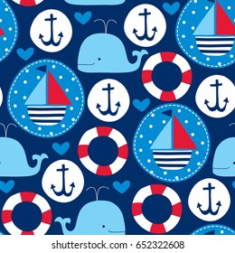 Seamless Sailing Ships And Whales Pattern Vector Illustration