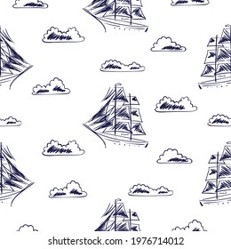 Seamless sailing yacht sketch pattern. Vector sea background with boats and clouds.