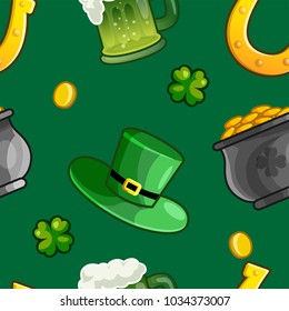 Seamless Saint Patrick Day pattern of horse shoes, top hat, gold pot, clover and gold coins