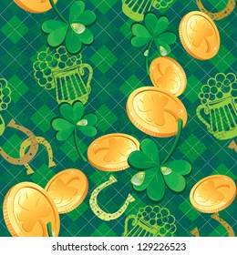 Seamless Saint Patrick day pattern. Shamrock and golden coins on checkered background