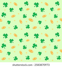 seamless Saint Patrick symbols pattern with green shamrock clover leaves and gold on green background