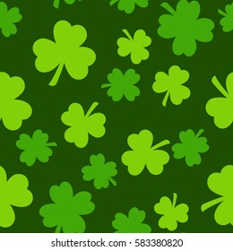 Seamless Saint Patrick's day pattern with green clover leaves. Vector background