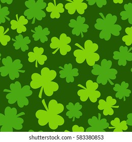 Seamless Saint Patrick's day pattern with green clover leaves. Vector background