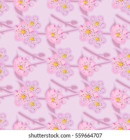 Seamless sakura blossom pattern on a white background. Japanise background. Vector illustration.