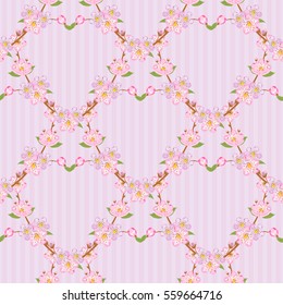 Seamless sakura blossom pattern on stripe background. Japanise background. Vector illustration.