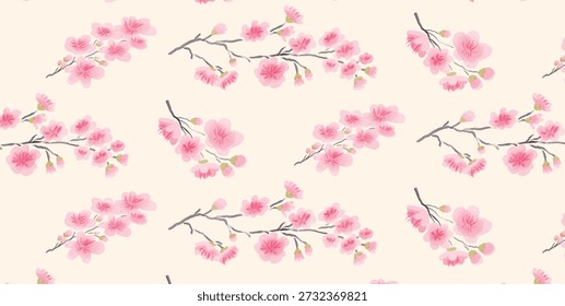 Seamless Sakura Cherry Blossom Branches Pattern, Spring floral background, Textile Wrapping paper wallpaper, flat Vector Illustration