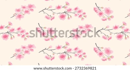 Seamless Sakura Cherry Blossom Branches Pattern, Spring floral background, Textile Wrapping paper wallpaper, flat Vector Illustration
