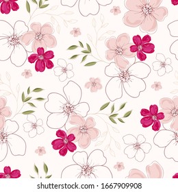 Seamless Sakura Flowers with Leaves Decorated White Background.