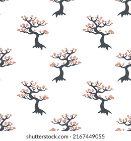 Seamless sakura pink trees pattern