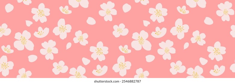 Seamless sakura texture with flowers and falling petals, Pink spring horizontal background. Vector pattern for fabric and paper design.