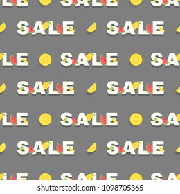Seamless sale pattern with lemon slice and watermelon on a black background. Good for shops, posters and websites.