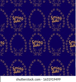 Seamless sale pattern.Lettering "sale" in art Deco style. Gold-orange eggs decorated with snowdrops on a noble dark blue background.  Template for design, gift card, package, spring sale coupon.Vector