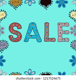 Seamless. Sale tags set on a black, blue and neutral backgflower. Lettering. Vector illustration. Illustration in black, blue and neutral colors.