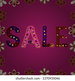 Seamless. Sale tags set on a yellow, red and purple background. Illustration in yellow, red and purple colors. Vector illustration. Lettering.