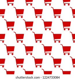 seamless sales or discount  background pattern with red shopping carts. flat ornament on white. vector illustration. Holiday purchase, buy gifts. Shopping trolley wallpaper.