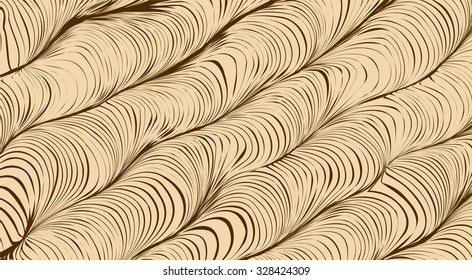 Seamless salient sinuous warp op volumetric form tracery light beige color with dark brown strokes. Irregular art billowy curvy crimp deform grid fond with lean direction