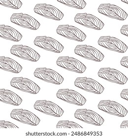 Patrón de Salmón sin costura en estilo de arte de línea. Pedazo de pescado rojo. Fondo de pantalla repetido, textil, embalaje, embalaje. Estampado de filete de salmón. Ilustración vectorial sobre fondo blanco.