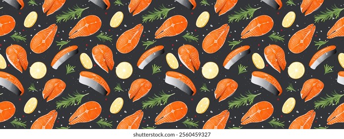 Seamless Salmon pattern. Piece of red fish with spices, pieces of lemon, and rosemary. Overhead view of Fresh raw salmon fish slice vector flat. Repeated background wallpaper, textile, wrapping, packa