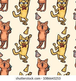 Seamless sample cartoon  Cats at Party. Dances and Fun. Colorful hand drawn vector stock illustration.