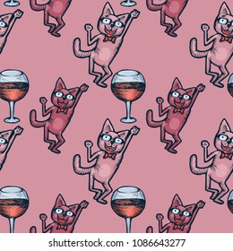 Seamless sample cartoon  Cats at Party. Dances and Fun, glass with wine, alcohol on a pink background. Colorful hand drawn vector stock illustration.