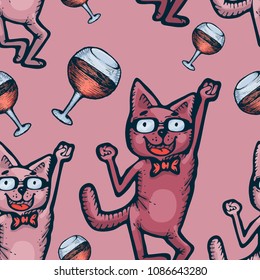 Seamless sample cartoon  Cats at Party. Dances and Fun on a pink background. Colorful hand drawn vector stock illustration.