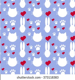 Seamless sample with a cat, a rabbit and heart on a blue background. Vector illustration