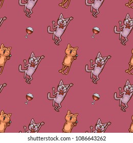 Seamless sample Cats at Party. Dances and Fun, glass with wine, alcohol on a pink background. Colorful hand drawn vector stock illustration.