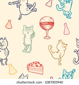 Seamless sample Cats at Party. Dances and Fun. Colorful hand drawn vector stock illustration.