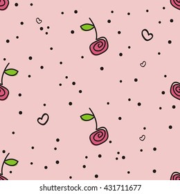 Seamless sample, cherries, pink background. A cheerful summer sample with berries of cherry, hearts and confetti. Vector, EPS 10. Fabric, packing paper, party invitation, celebration, etc.