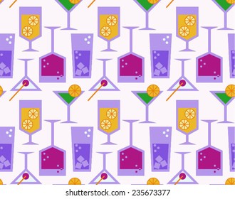 Seamless sample with colourful cocktails with ice and a lemon. Cocktail for mood.