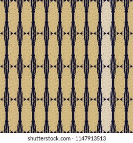 Seamless sample from the gold color repeating strips on a black background. Vintage pattern. Endless texture for textile design. Grunge style. Vector color background.
