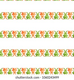 Seamless sample with hares. Green and orange animals form a pattern. Vector image