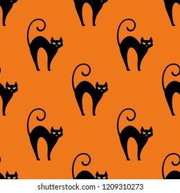 Seamless sample from the repeating black cats on an orange background. Halloween symbols. Black cat. Pet of the witch. Holiday october 31. Endless texture for textile design. Vector color background.