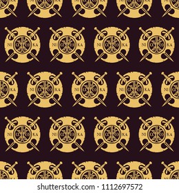 Seamless sample from the repeating boards and the crossed swords. Vector image of a Christian symbol; Konstantin's cross; victory symbol. Endless texture for textile design. Vector color background.