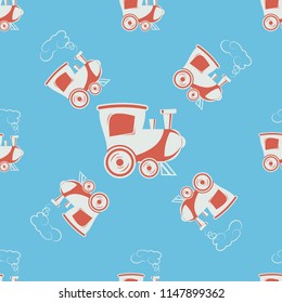 Seamless sample from the repeating children's trains on a blue background. Toy engine. Endless texture for textile design. Vector color background.