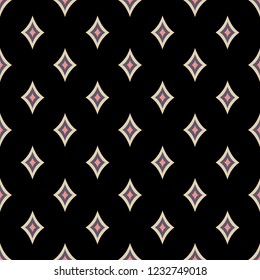 Seamless sample from the repeating concave rhombuses of pastel color on a black background. Curtain. Vintage style. Endless texture for textile design. Abstract geometrical texture. Vector background.