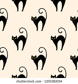 Seamless sample from the repeating Halloween symbols on a beige background. Black cat. Pet of the witch. Holiday october 31. Endless texture for textile design. Vector color background.