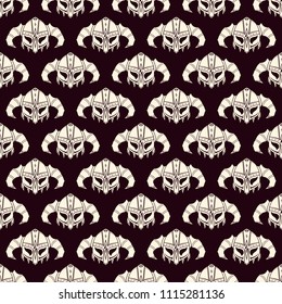 Seamless sample from the repeating helmets. Celtic pattern. Vector image of a horned helmet of the Viking. Odin's mask. Vector color background.
