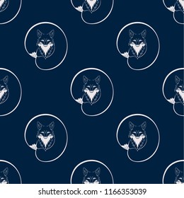 Seamless sample from the repeating nice foxes on a noble blue background. Fauna. Wild nature. Endless texture for textile design. Vector color background.