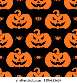 Seamless sample from the repeating pumpkins and spiders. Symbols Halloween. Cheerful Jack. Happy Holiday October 31. Endless texture for textile design. Vector color background.