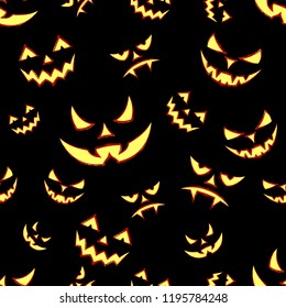 Seamless sample from the repeating smiling fiery pumpkins on a black background. Symbols Halloween. Cheerful Jack. Happy Holiday October 31. Endless texture for textile design. Vector background.