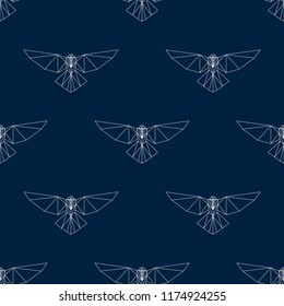 Seamless sample from the repeating triangular ravens on a blue background. Raven - Celtic sacred symbol. Endless texture for textile design. Vector color background.