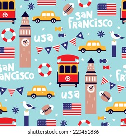 Seamless san francisco bay area travel icons illustration usa background pattern in vector