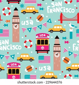 Seamless san francisco travel icons colorful retro style illustration background pattern in vector