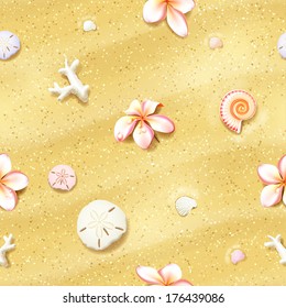 Seamless Sand Background with Flowers, Sand Dollars and Seashells. Vector illustration, eps10, editable.