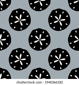 Seamless sand dollar vector pattern. Repeat background with seaside shell elements. Trendy grey summer fashion print design. Modern illustration.
