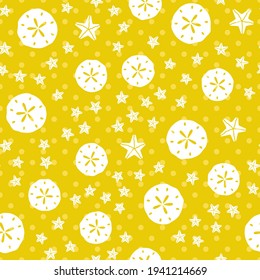 Seamless sand dollar vector pattern. Repeat shell background with summer elements. Trendy yellow fashion print design. Modern illustration.