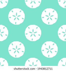 Seamless sand dollar vector pattern. Repeat summer background with shell elements. Trendy mint beach fashion print design. Modern illustration.