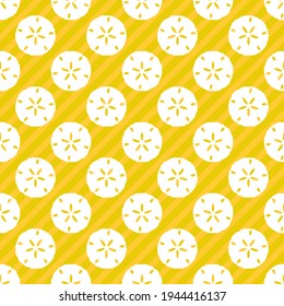 Seamless sand dollar vector pattern. Repeat summer background with shell elements. Trendy yellow beach fashion print design. Modern illustration.